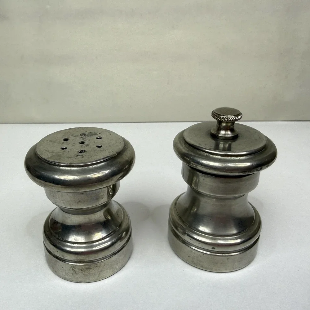 Vintage Pewter Salt Shaker & Pepper Mill Grinder Set Manual Adjustable Grind